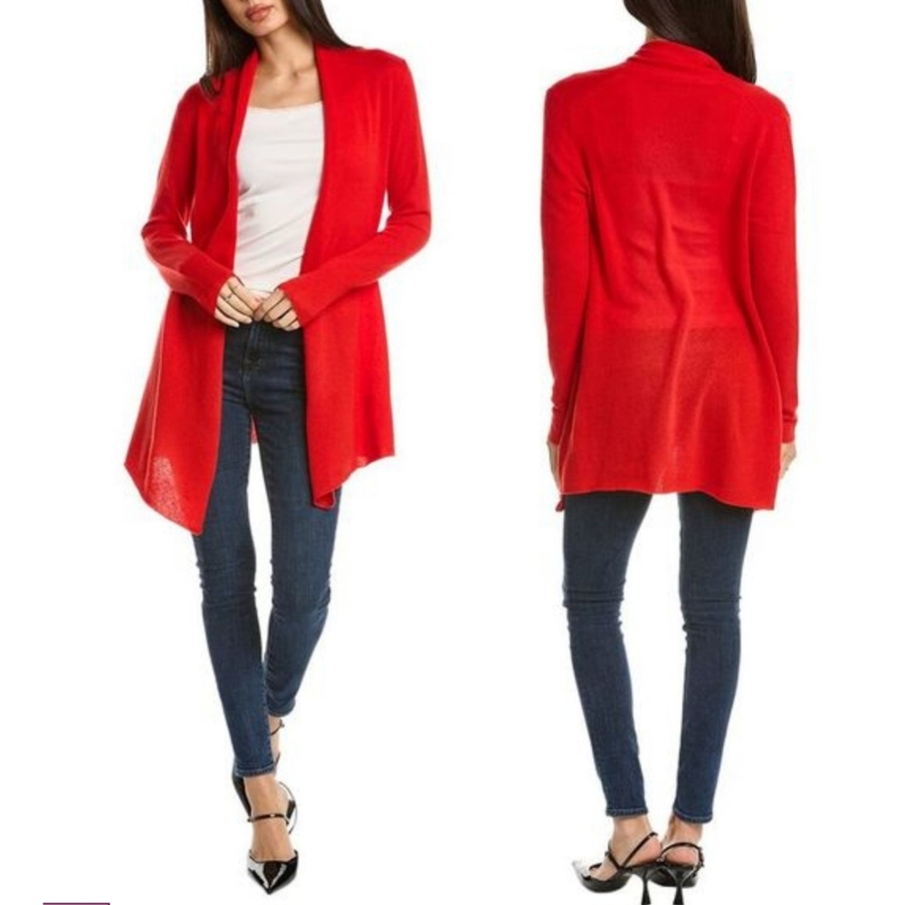 InCashmere Women's Red Flyaway Cashmere‎ Open Front Cardigan Sweater Small Long